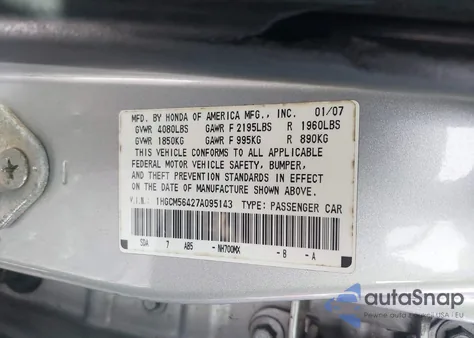 2007 Honda Accord 2.4 Lx from USA, damaged, VIN 1HGCM56427A095143